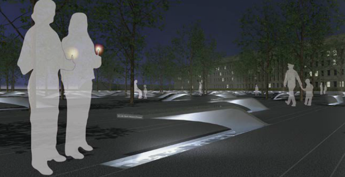 Nighttime depiction of the Pentagon Memorial. The Memorial will feature 184 cantilevered benches, each to be lit at night, and each inscribed with the name of a victim who lost his or her life on September 11, 2001.