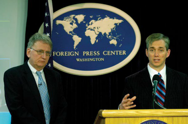 U.S. Dept. of Energy Deputy Secretary Clay Sell (right) discusses the Global Nuclear Energy Partnership at the Foreign Press Center in Washington DC, with Robert Joseph, U.S. Under Secretary of State for Arms Control and International Security. 