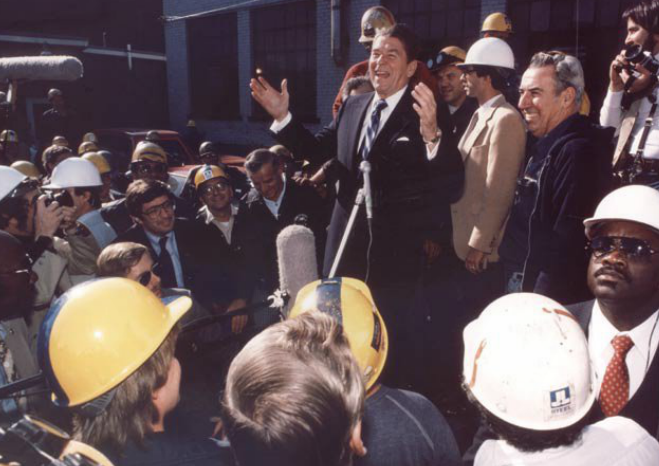 Reagan addresses the media and a group of steelworkers in Youngstown in October of 1980. (Credit: Ronald Reagan Library)