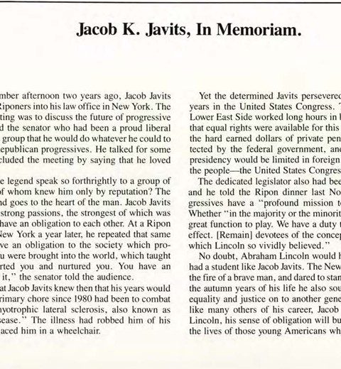 Jacob K. Javits, In Memoriam.