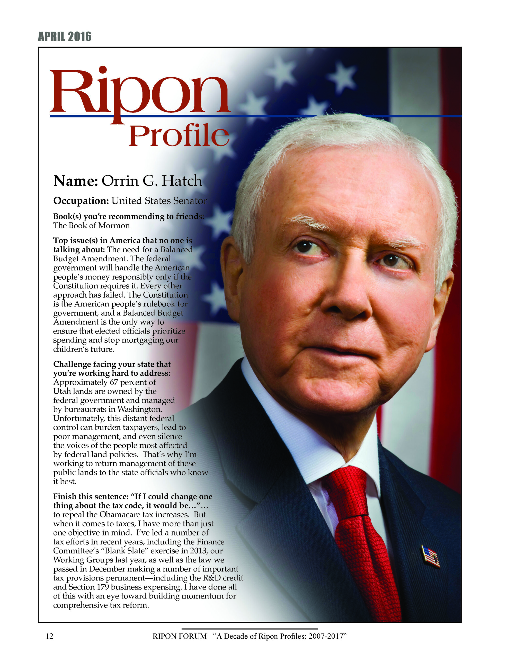 Ripon Profile of Orrin G. Hatch