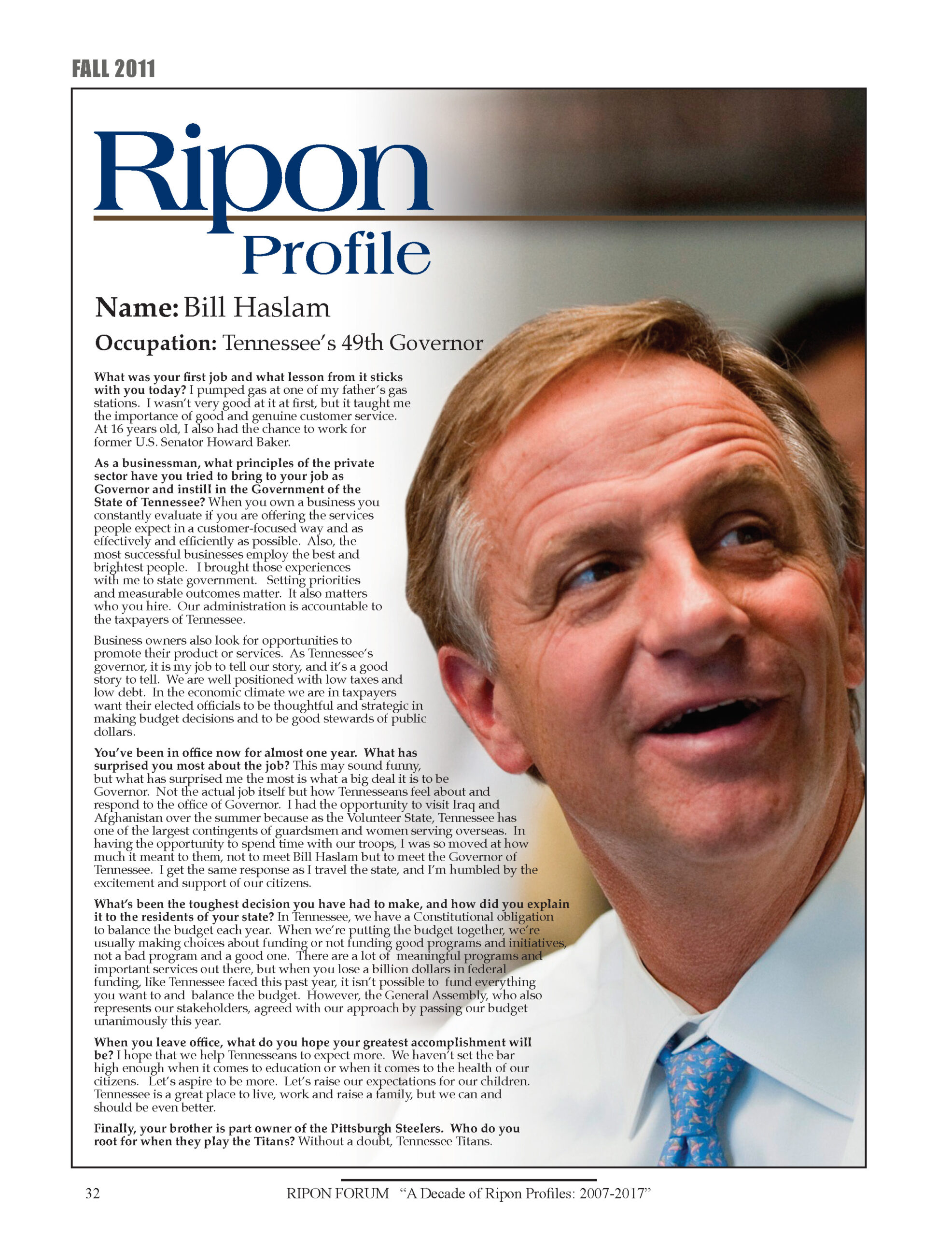Ripon Profile of Bill Haslam