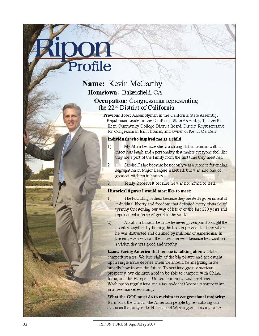 Ripon Profile of Kevin McCarthy